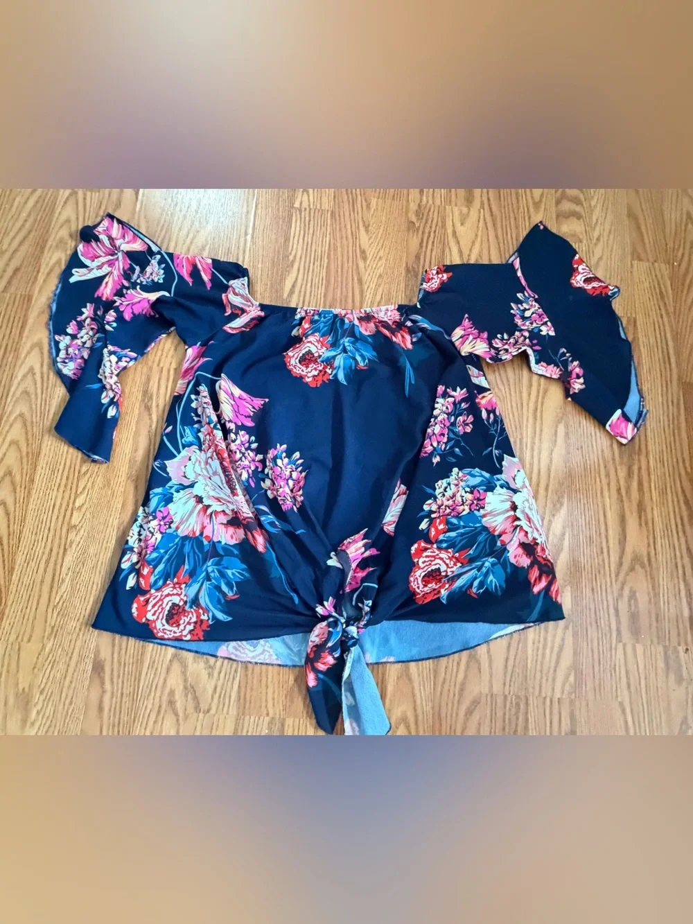 Off-Shoulder Navy Floral Tie-Front Women’s Top - Picture 3 of 7